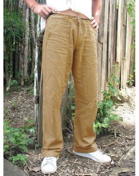 Plain Drawstring Casual Straight Pants - Xl