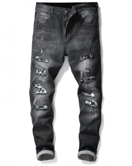 Ripped Hole Skull Patchwork Slimming Jeans - 36