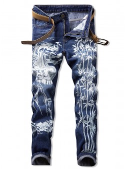 Bamboo Printed Casual Zip Fly Jeans - 34