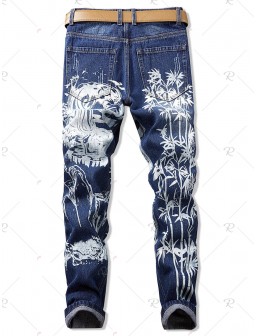 Bamboo Printed Casual Zip Fly Jeans - 34