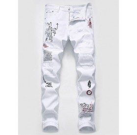 Letter Embroidery Graphic Pencil Ripped Denim Pants - 38