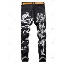 Dragon Print Zipper Fly Casual Jeans - 32