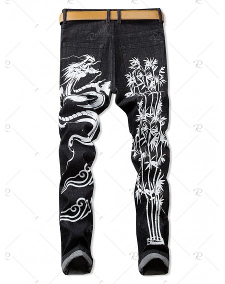 Dragon Print Zipper Fly Casual Jeans - 32
