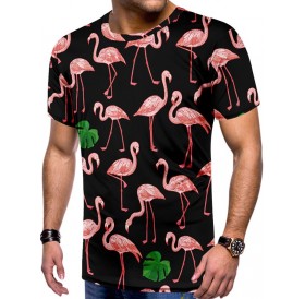 Tropical Leaf Flamingo Print Hawaii Beach Tee - M