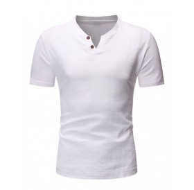 Solid Color Button Short Sleeves T-shirt - M