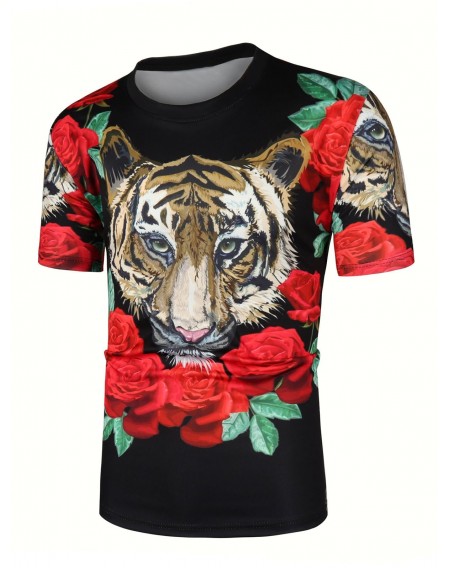 Tiger Rose Pattern Short Sleeves T-shirt - 2xl