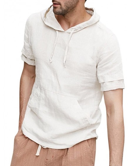 Solid Color Kangaroo Pocket Hooded T-shirt - L