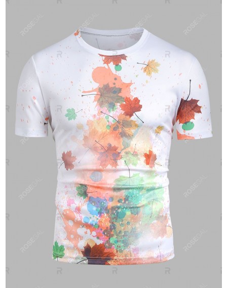 Paint Splatter Maple Leaf Print Round Neck T-shirt - M