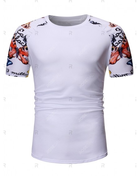 Butterfly Print Raglan Sleeve Casual T Shirt - L