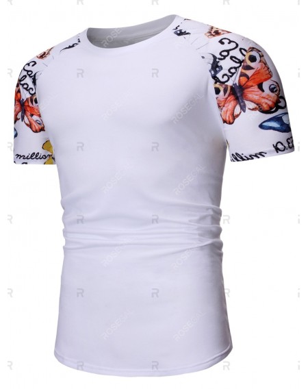 Butterfly Print Raglan Sleeve Casual T Shirt - L
