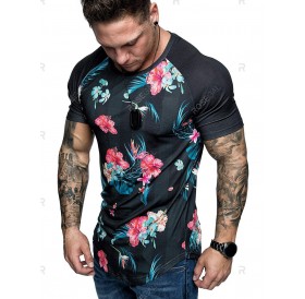 Curved Hem Flower Tropical Print Raglan Sleeve T-shirt - 2xl