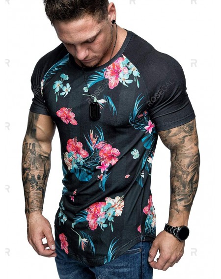 Curved Hem Flower Tropical Print Raglan Sleeve T-shirt - 2xl
