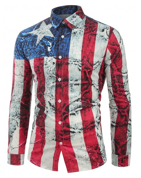 Long Sleeves Distressed American Flag Print Button Shirt - L