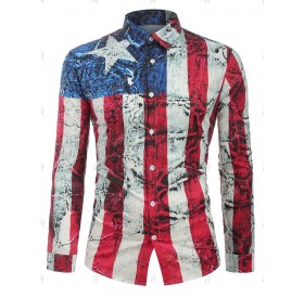 Long Sleeves Distressed American Flag Print Button Shirt - L