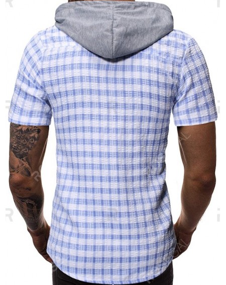 Plaid Print Hooded Short Sleeves Shirt - L