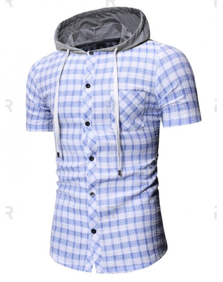Plaid Print Hooded Short Sleeves Shirt - L