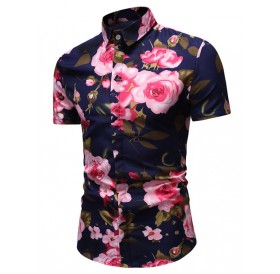 Flower Pattern Button Up Short Sleeve Shirt - Xl