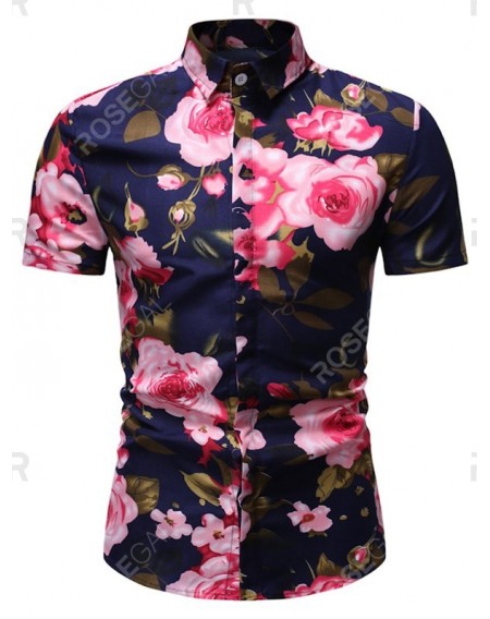 Flower Pattern Button Up Short Sleeve Shirt - Xl