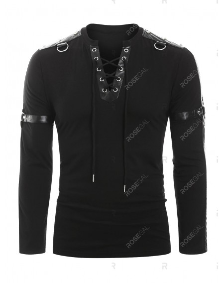 Faux Leather Harness Insert Long Sleeve Lace-up T-shirt - 3xl