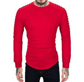 Pleated Sleeve Solid Color Curved Hem Sweatshirt - Xl