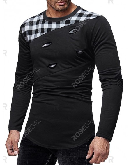 Plaid Pattern Long Sleeve Ripped T-Shirt - Xl