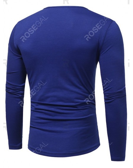 Long Sleeve Button Patchwork V-neck Basic T-shirt - S