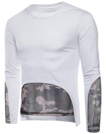 Mesh Camouflage Hem Patchwork Low High T-shirt - L