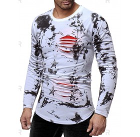 Ink Painting Print Ripped Patchworks Curved Hem T-shirt - Xl