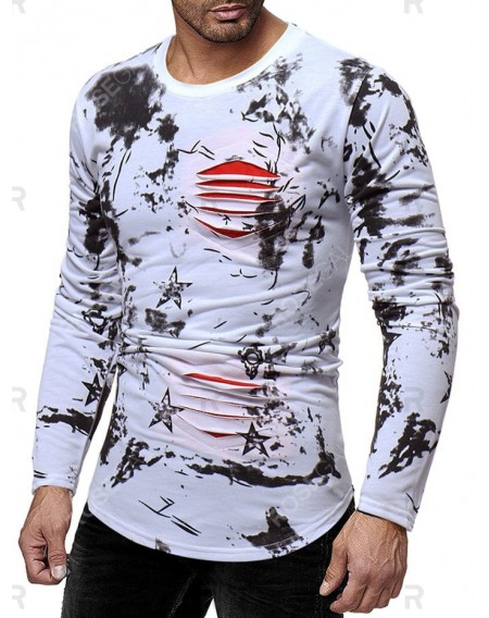 Ink Painting Print Ripped Patchworks Curved Hem T-shirt - Xl