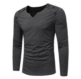Notch Neck Solid Button Long Sleeve T-shirt - S