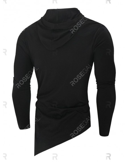Solid Color High Low Long Sleeve Hooded T-shirt - L