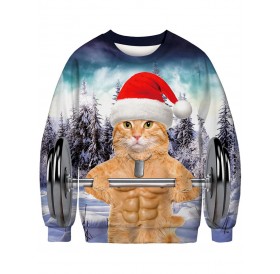 3D Christmas Cat Print Crew Neck Sweatshirt - M