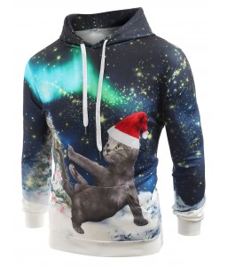 Looking Up Cat with Christmas Hat Print Casual Hoodie - Xl