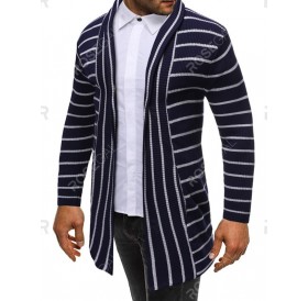 Striped Design Open Front Knitted Hooded Cardigan - S