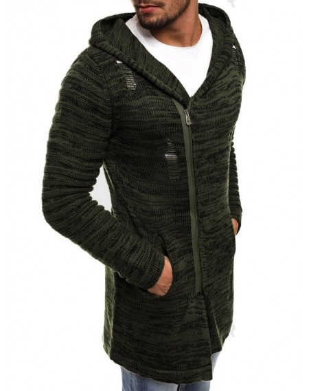 Ripped Zip Up Long Hooded Cardigan - L