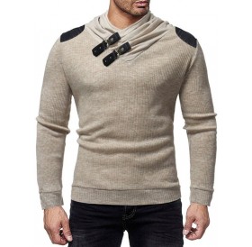 PU Leather Patched Shawl Collar Sweater - M