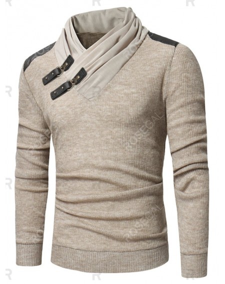 PU Leather Patched Shawl Collar Sweater - M