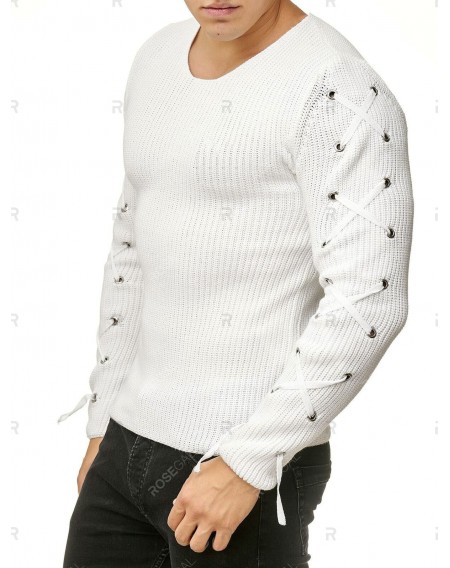 Lace Up Solid Color Pullover Sweater - Xl