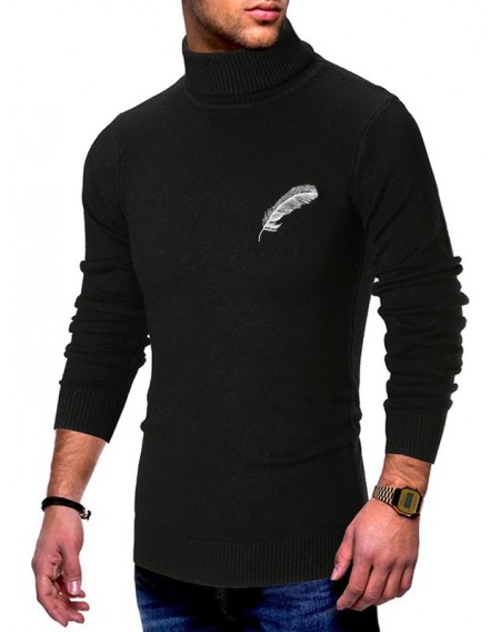 Feather Pattern Turtleneck Pullover Sweater - L