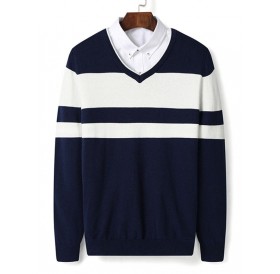 V Neck Color Block Stripe Pullover Sweater - 2xl