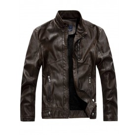Men Plush Lining Stand Collar Leather Jacket - 2xl