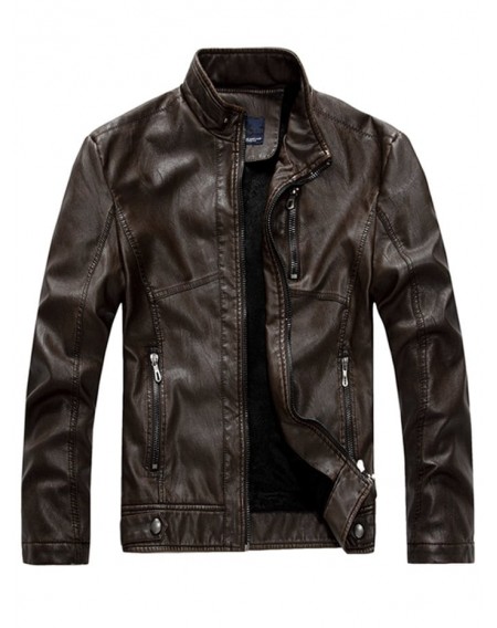 Men Plush Lining Stand Collar Leather Jacket - 2xl