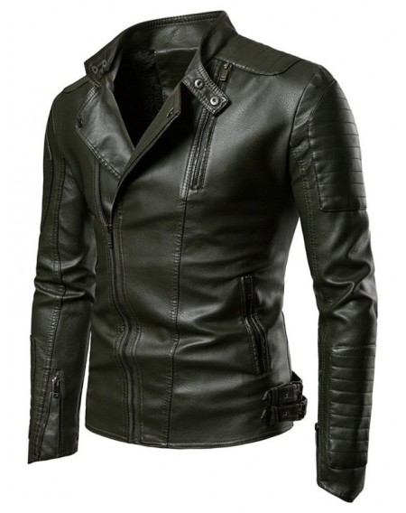 Faux Leather Slant Zipper Placket Stand Collar Jacket - Xs