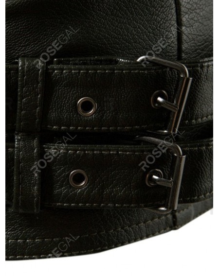 Faux Leather Slant Zipper Placket Stand Collar Jacket - Xs